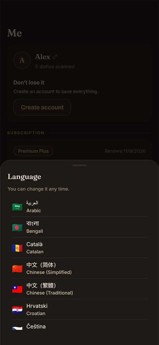Dish AI language picker, a list of languages each shown in its own name