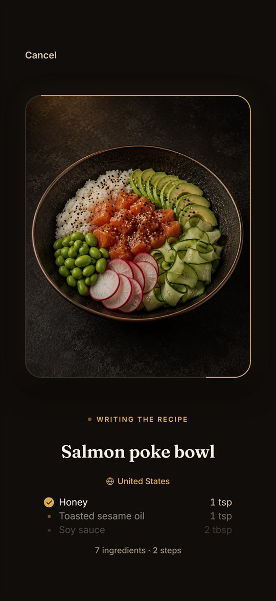 Dish AI writing the recipe for a salmon poke bowl while the photo develops